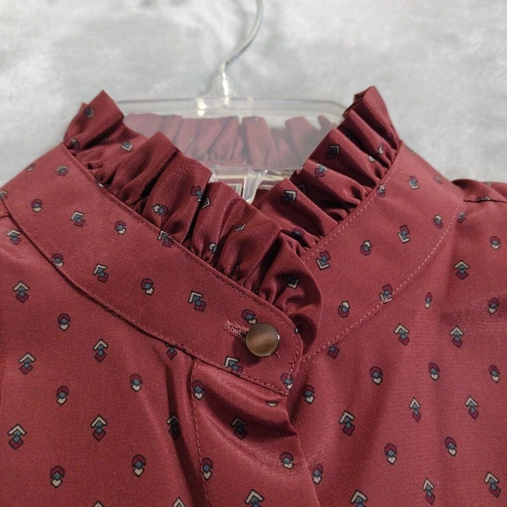 Vintage Prairie Blouse Print Victorian Size 12 Ruffle Collar Long Sleeve - Picture 7 of 10